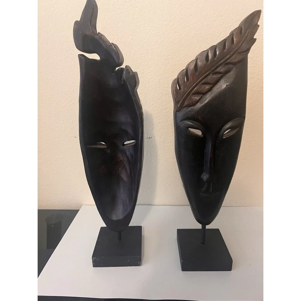 Vintage pair of 2 wood tribal MASKS on stands resin faces retro home decor